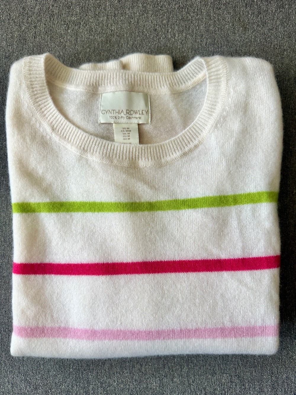 100% Cashmere Cynthia Rowley White Crewneck Sweater with Multi-Color Stripes - Picture 5 of 7
